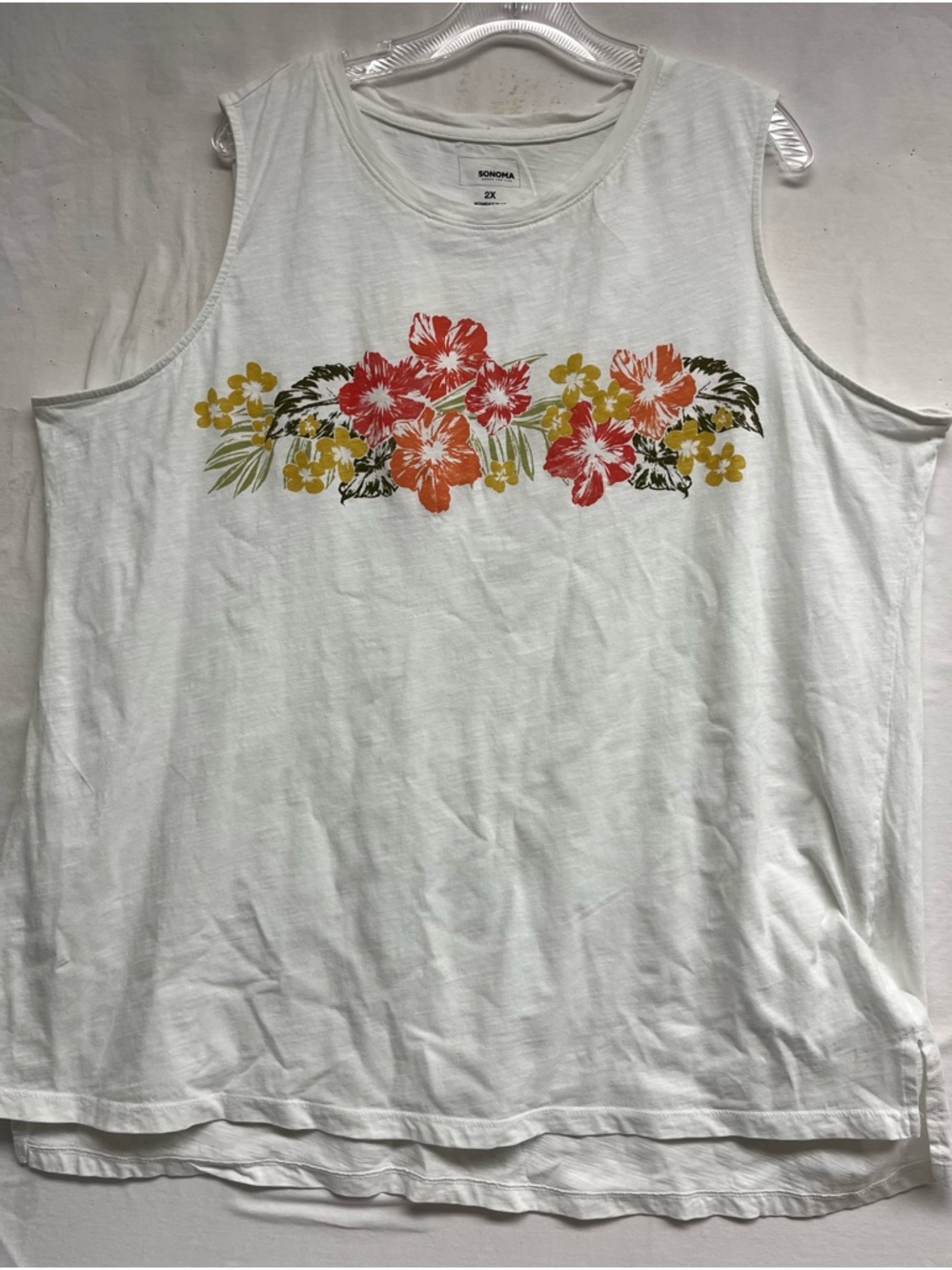70’s vibe Sonoma 100% Organic Cotton Tank Hibiscus Floral  2X vacation tropical